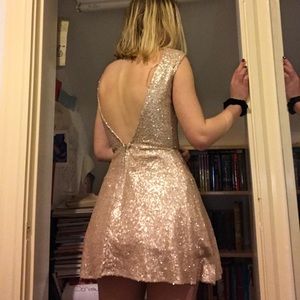 Sequined champagne dress deep V back
